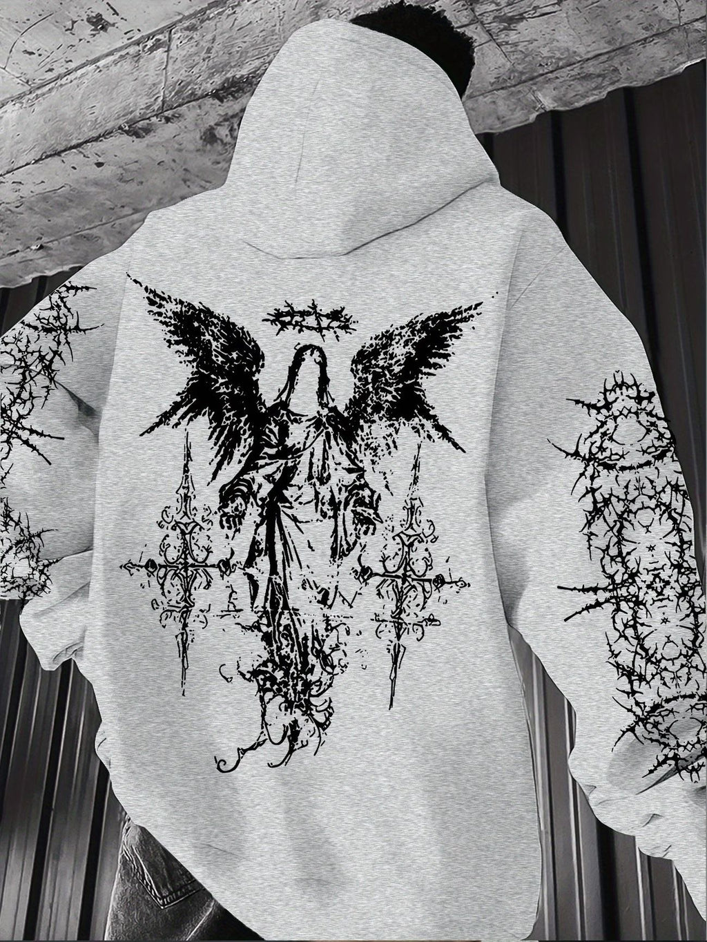 Gothic-style angel-print hoodie teemdrop