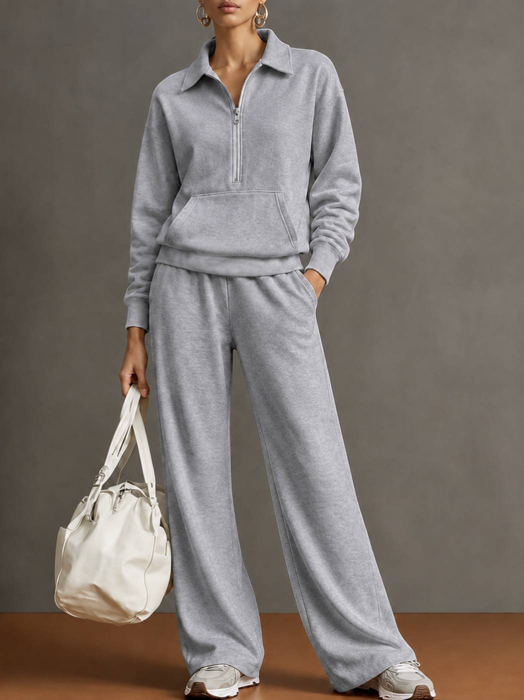 Women Two-Piece Half-Zip Sweatshirt and Wide-Leg Pants Set teemdrop