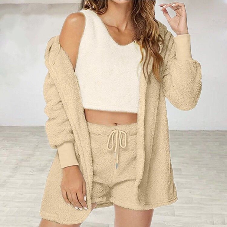 Women's Plush Three-Piece Long Sleeve Vest Shorts Track Set teemdrop