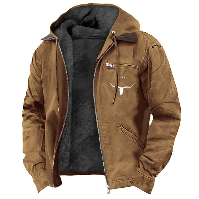 Men's Solid Fleece-Lined Hooded Jacket with Zipper Pocket