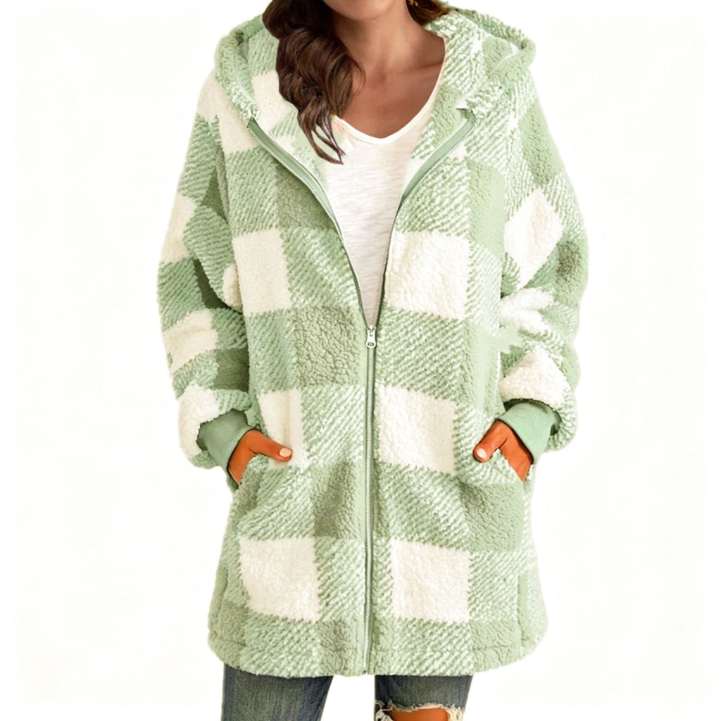 Women's Plush Long Sleeve Plaid Hooded Zip-Up Loose Coat