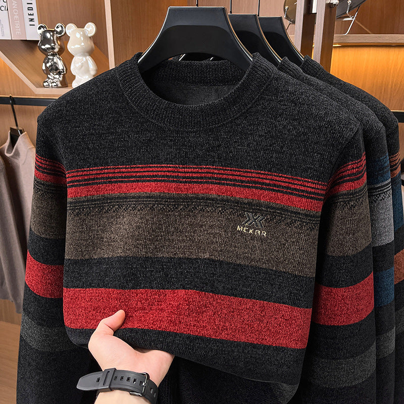 Men's Thickened Warm Striped Round Neck Long Sleeve Knitted Sweater teemdrop