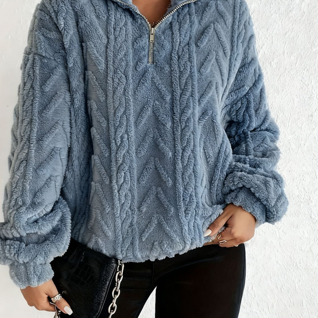 Women's Double-Sided Plush Flower Casual Zipper Pullover Top teemdrop