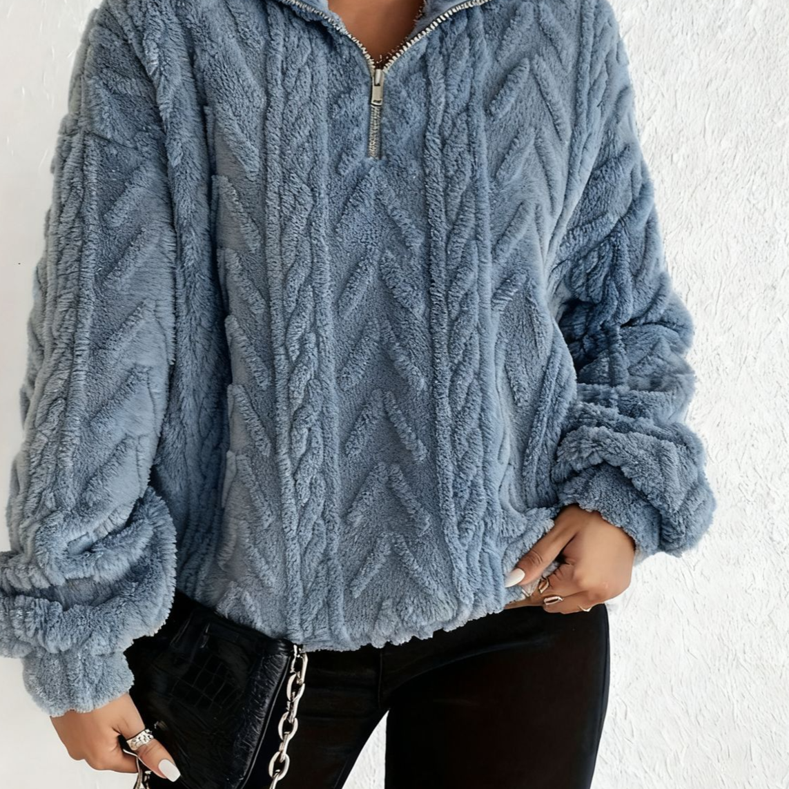 Women's Double-Sided Plush Flower Casual Zipper Pullover Top teemdrop