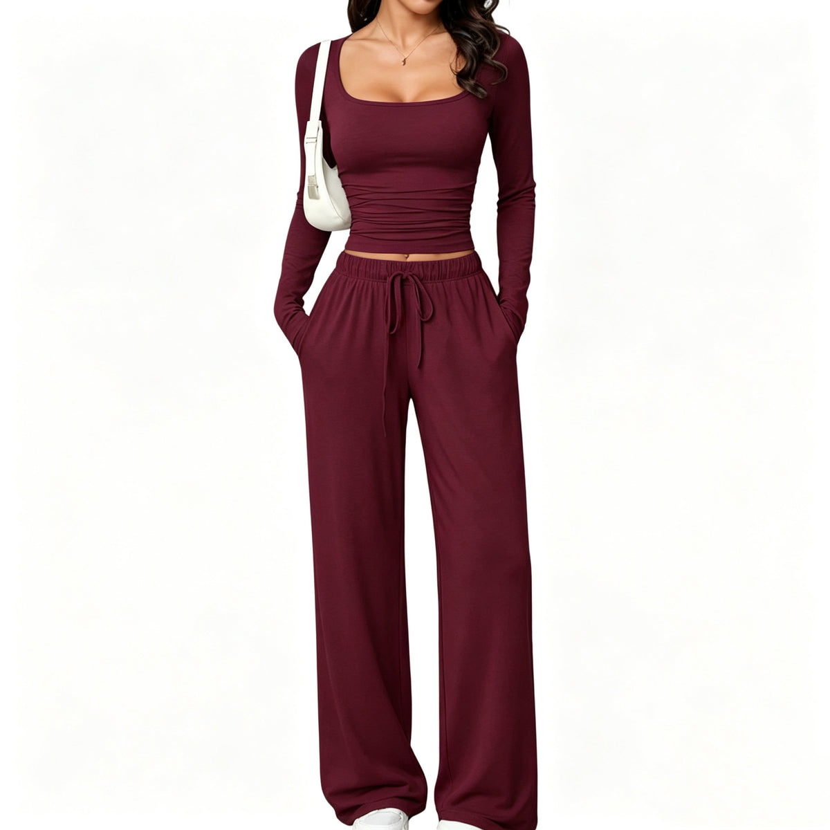 casual pants set with square-neck long-sleeve short top
