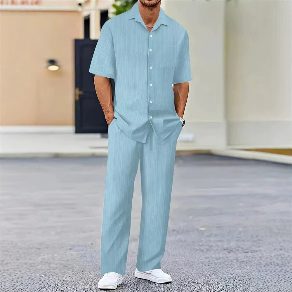 Mens Solid Color Short Sleeve Shirt and Drawstring Long Pants Two Piece Outfit teemdrop