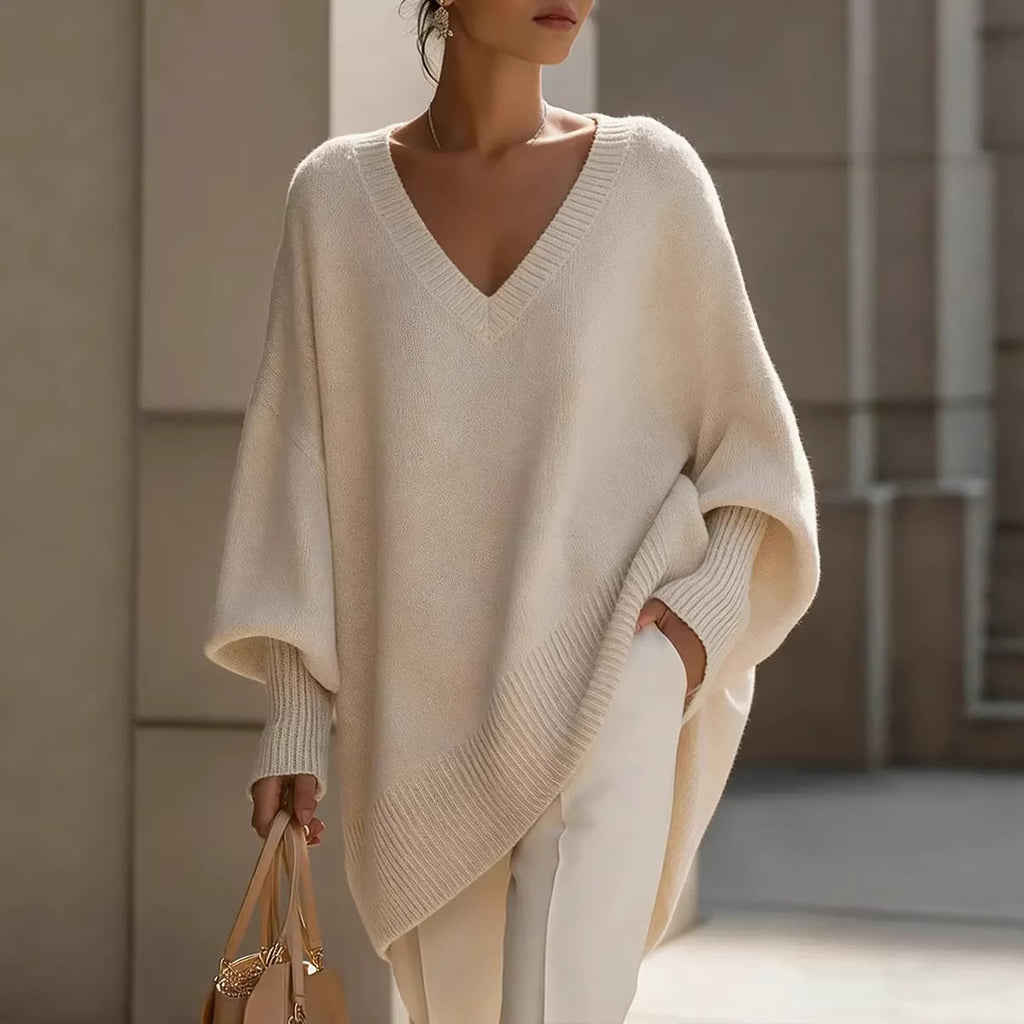 Solid-color long-sleeved V-neck relaxed style sweater for women, loose knitted top teemdrop