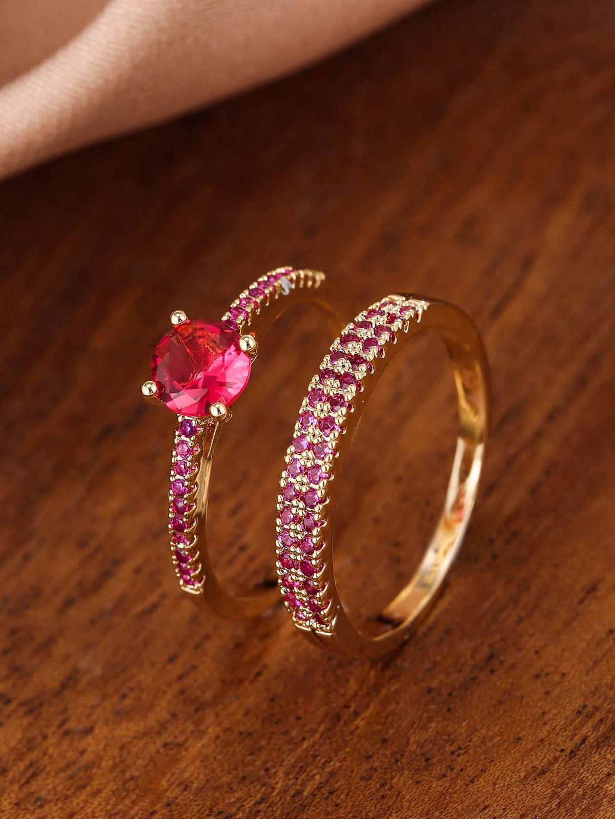 Geometric Zircon Couple Ring Set Gold Plated Copper Jewelry