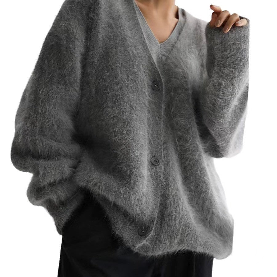 Women's Faux Fur Knitted Cardigan V-Neck Loose Long Sleeve Outerwear teemdrop