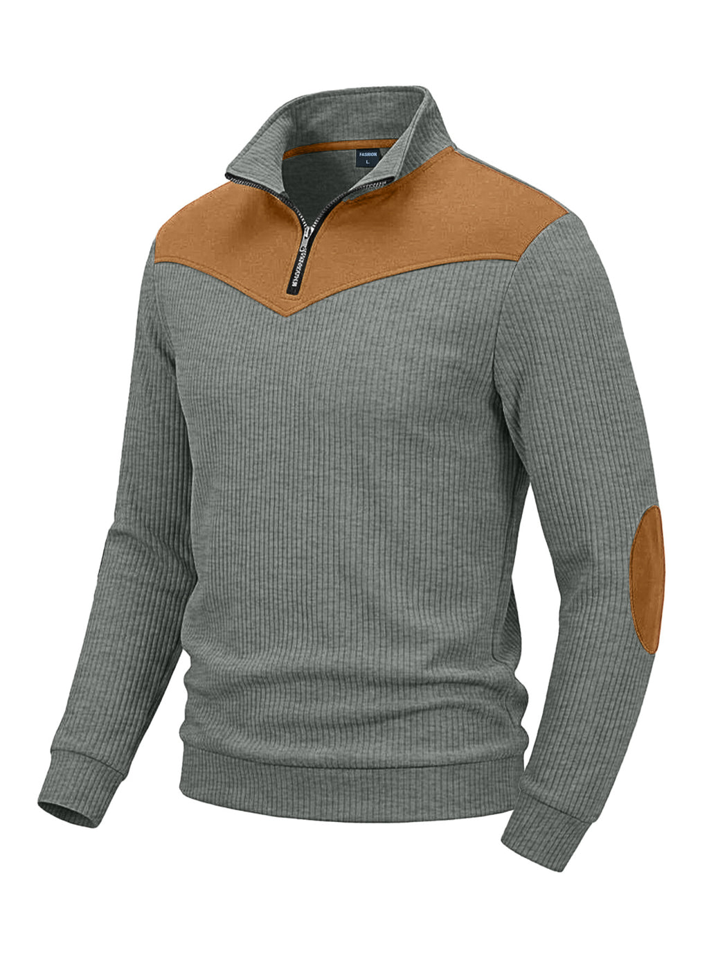 Men's Clothing Vertical Ribbed Half-Zip Stand Collar Sweatshirt with Suede Patchwork Retro Long-Sleeve teemdrop