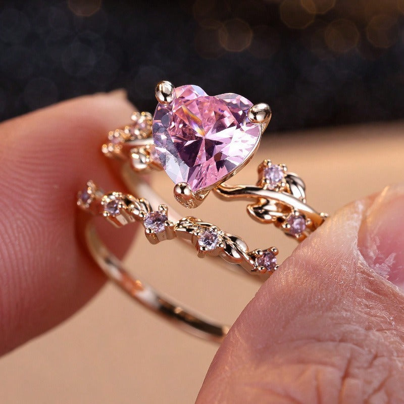 Heart-Shaped Zircon Inlaid Couple Ring
