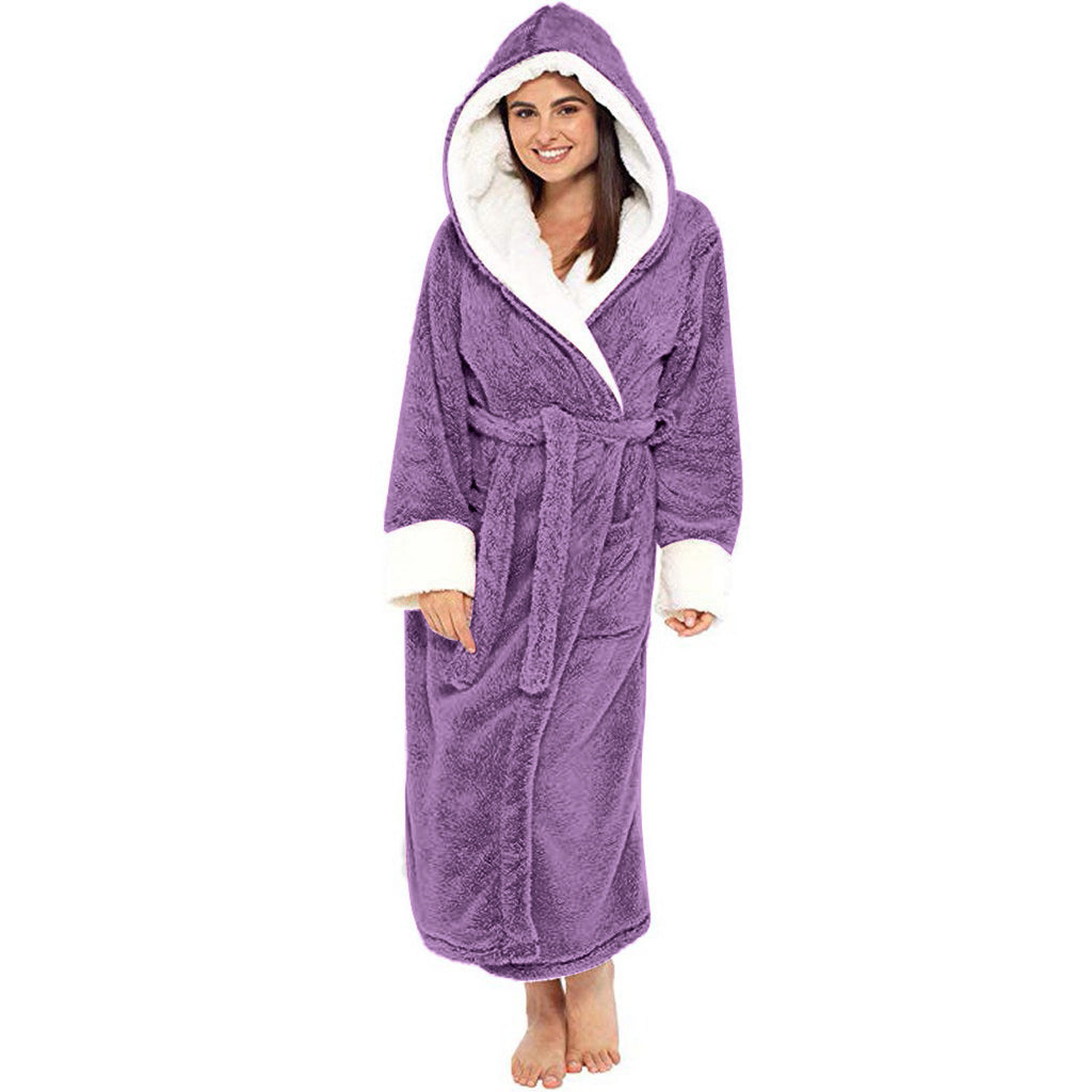 Women Long Plush Bathrobe with Belt Home Loungewear Winter Warm Nightgown