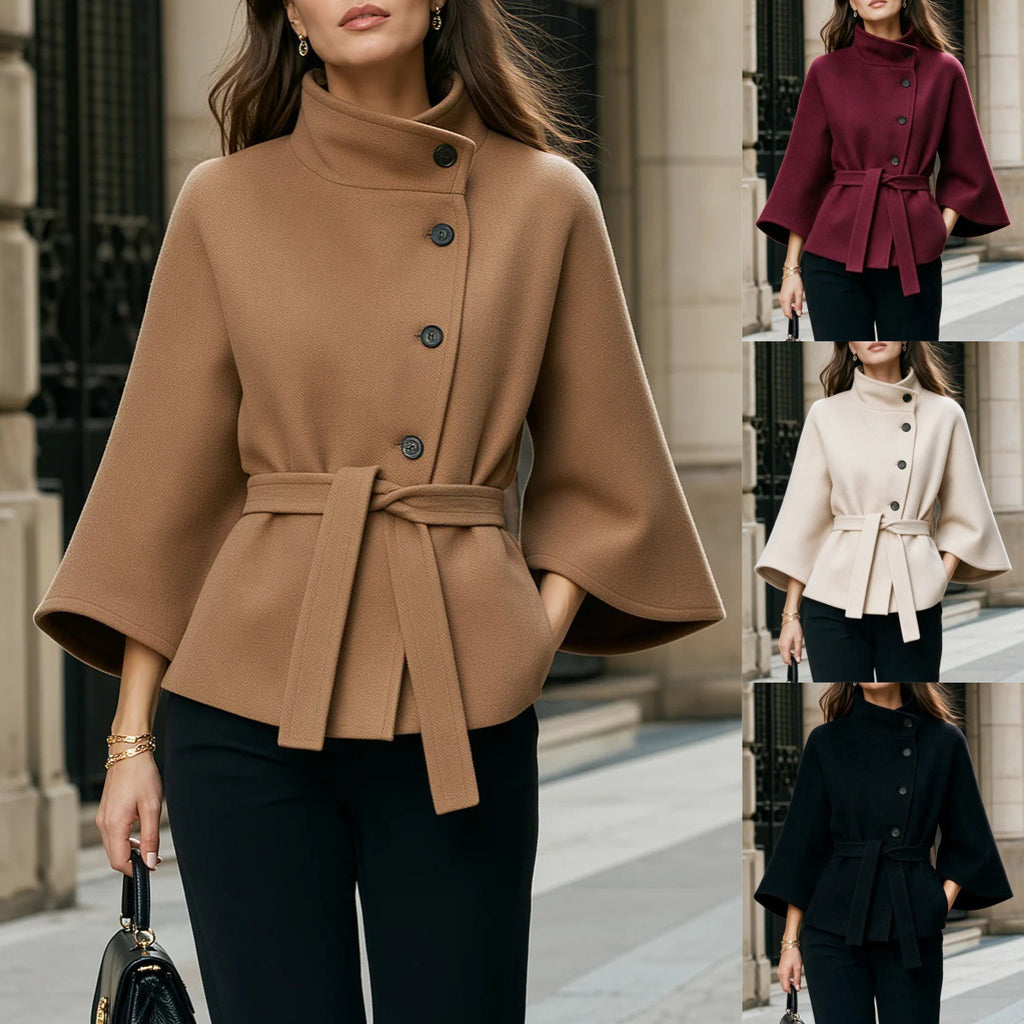 Women's Stand Collar Flared Sleeve Alpaca Wool Blend Coat teemdrop