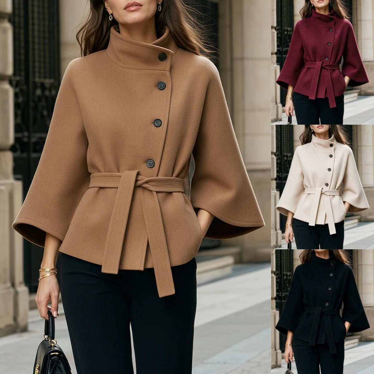 Women's Stand Collar Flared Sleeve Alpaca Wool Blend Coat teemdrop