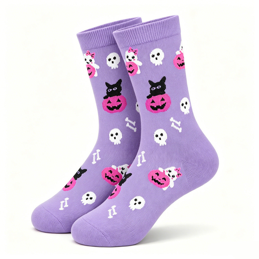Sweet and Cool Pink Purple Contrasting Color Halloween Mid-Calf Cotton Socks