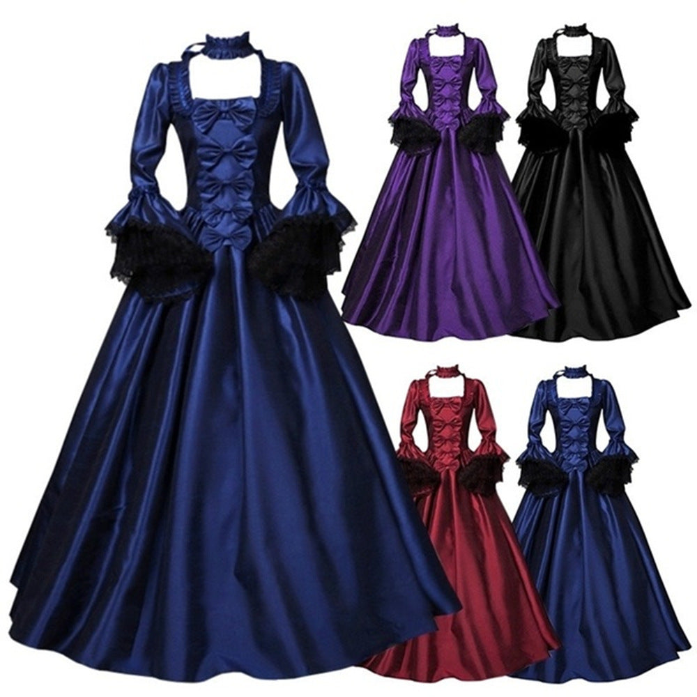 Women's Retro Lace Splicing High Waist Long Dress teemdrop