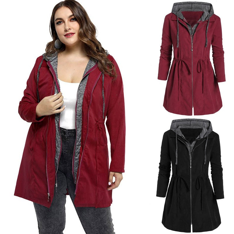 Women's Long Sleeve Double Zipper Hooded Trench Coat teemdrop