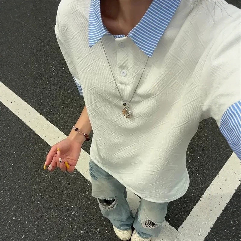 Men's Plaid Patchwork Short Sleeve Polo Shirt Casual Loose Fit Summer Top teemdrop