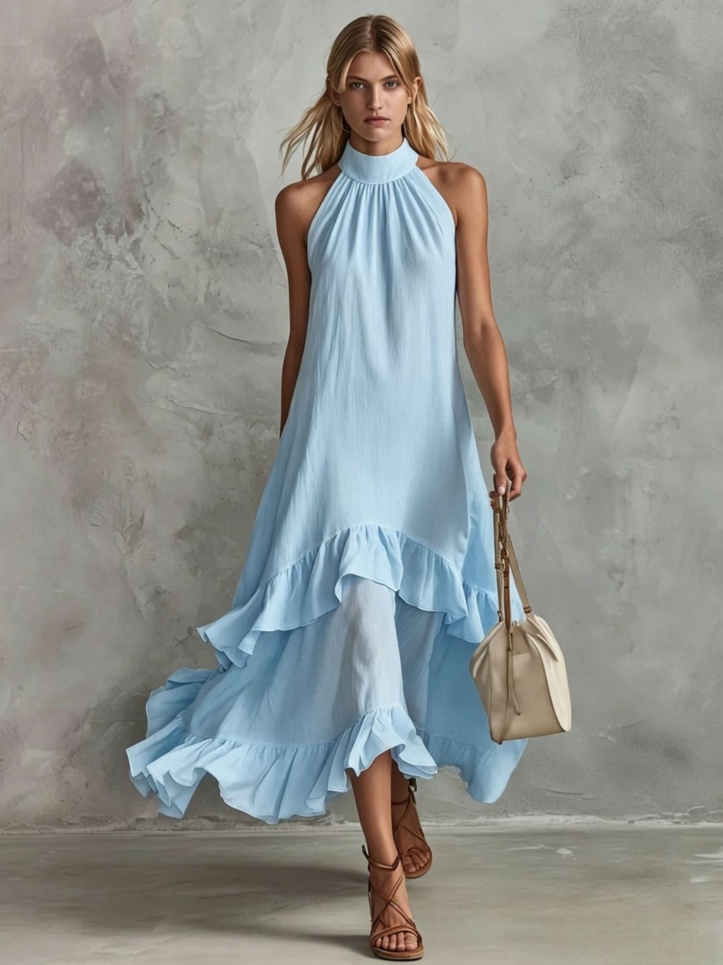 Women's Sleeveless Halter Ruffle Hem Mid-Length Summer Dress teemdrop