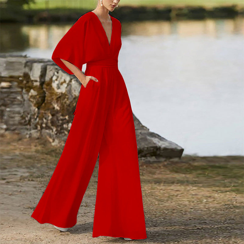 2026 Winter New European and American Foreign Trade Women's Fashion Jumpsuit Amazon Hot-Selling Deep V High-Waisted Wide-Leg Pants