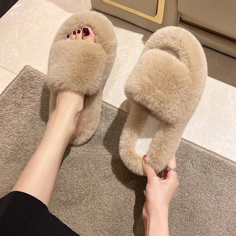 Women's Curly Fur Open Toe Slippers Low Heel Warm Plush Lined teemdrop