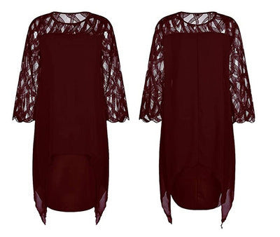Women's Elegant Lace Patchwork Chiffon Dress with 3/4 Sleeves and Irregular Hem teemdrop