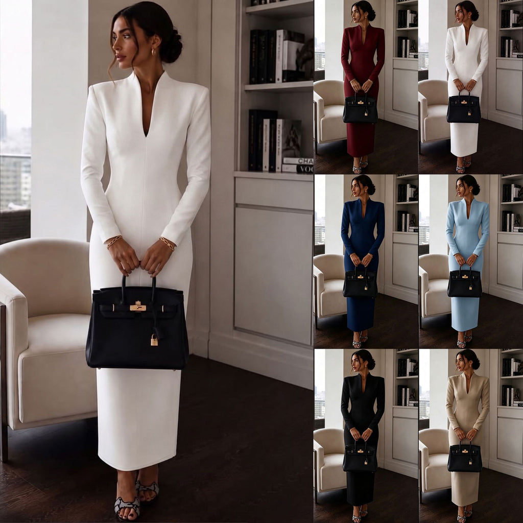 Women's Elegant Stand Collar V-Neck Long Sleeve Bodycon Dress teemdrop