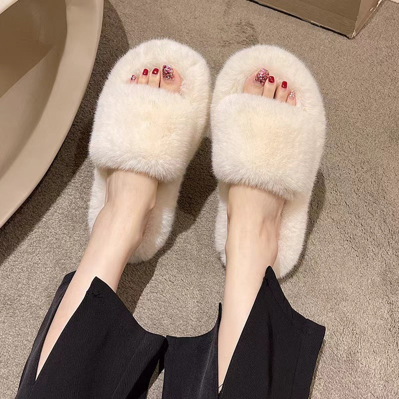 Women's Curly Fur Open Toe Slippers Low Heel Warm Plush Lined teemdrop