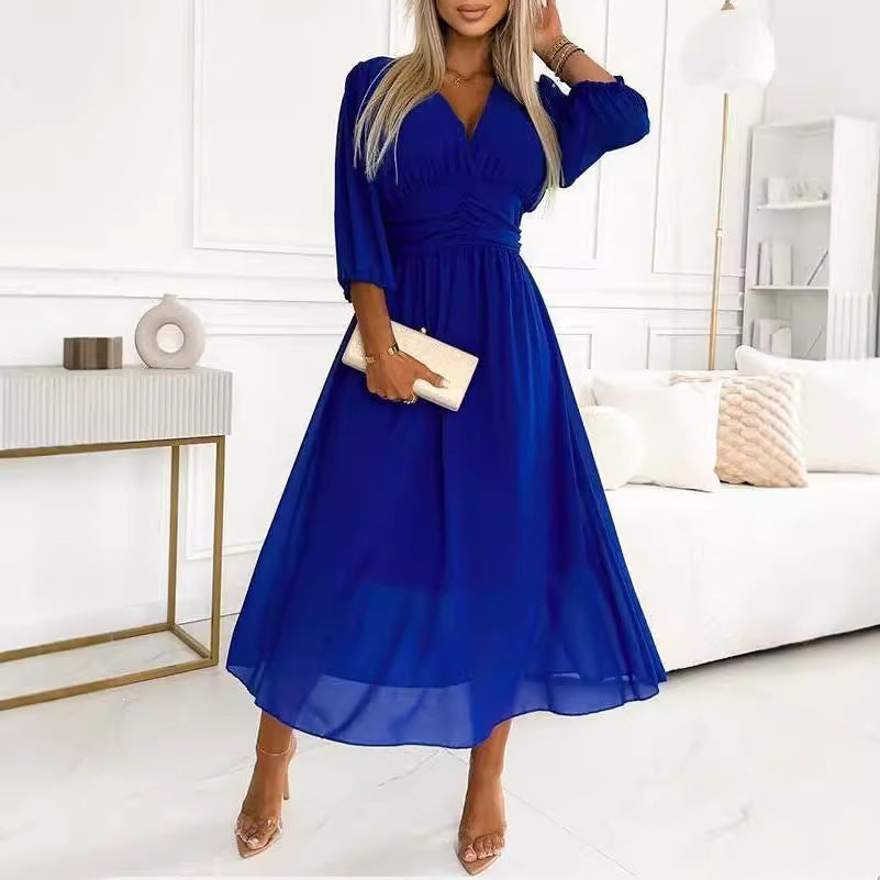 Women's Slim-Fit Flared Sleeve V-Neck Chiffon Mid-Length Dress