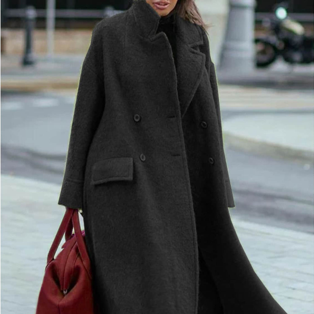 European and American Long Woolen Coat for Autumn and Winter Solid Color Elegant Commuter Wool Green Coat with Belt-Free Lapel