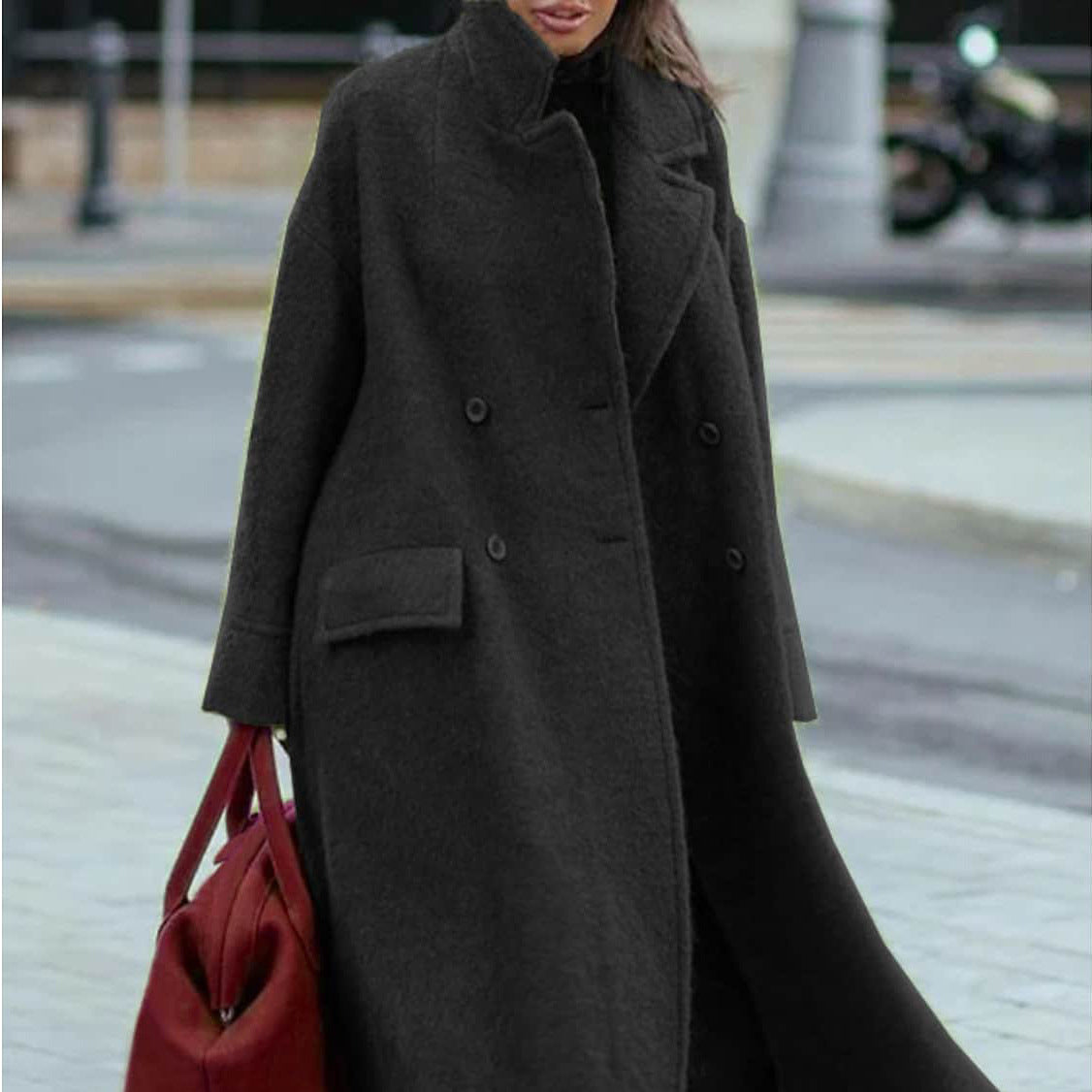 European and American Long Woolen Coat for Autumn and Winter Solid Color Elegant Commuter Wool Green Coat with Belt-Free Lapel