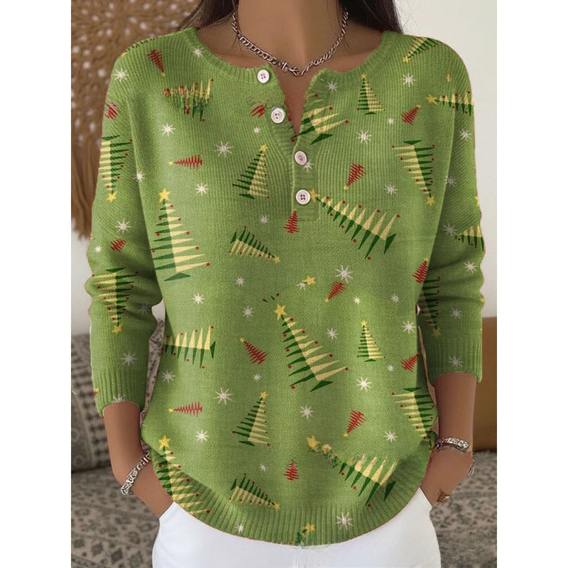 Women Retro Christmas 3D Print Four-Button Stand-Up Collar Long Sleeve T-Shirt teemdrop