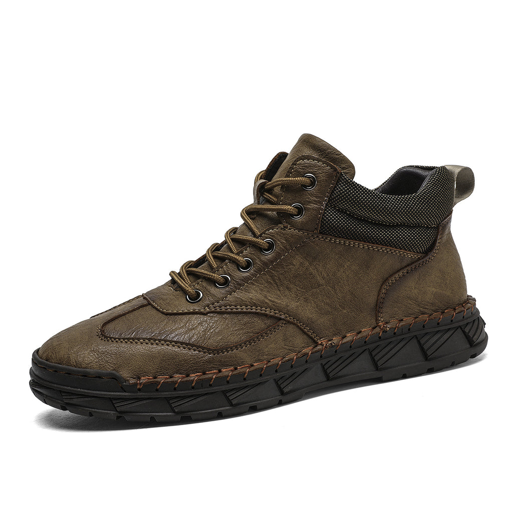 Mens Hand-Stitched PU Leather Lace-Up Flat Ankle Boots