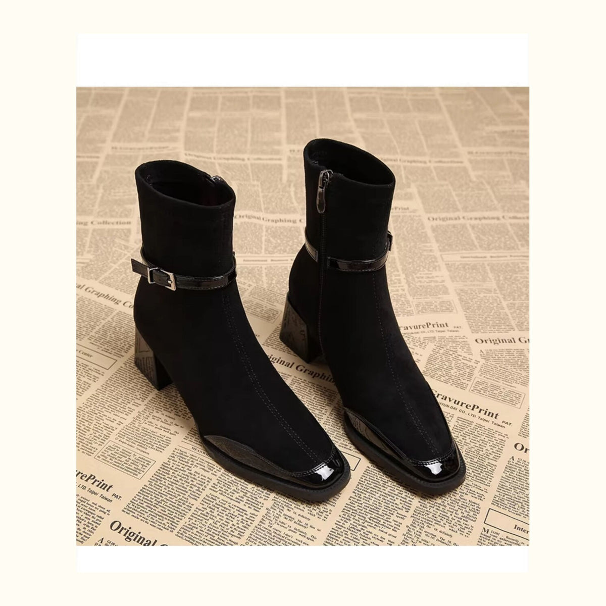 Women Pointed Toe Suede Chunky Heel Ankle Boots Side Zipper Chelsea Boots teemdrop