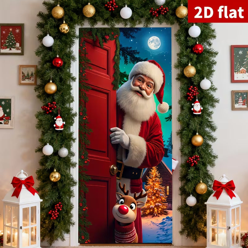 Milk Silk Christmas Door Banner Reindeer Santa Claus Design Festive Party Decoration Hanging Cloth for Home Living Room Bedroom teemdrop