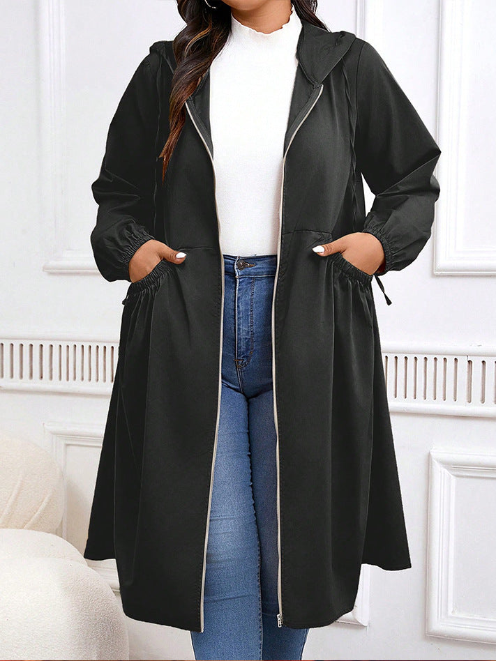 Plus Size Solid Color Pleated Long Sleeve Mid-Length Jacket