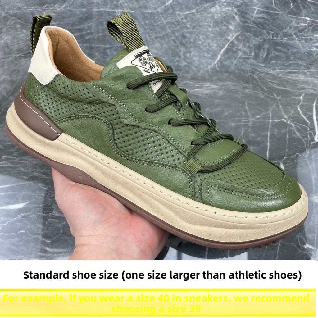 Men's Casual Genuine Cowhide Breathable Lace-Up Flat Board Shoes teemdrop