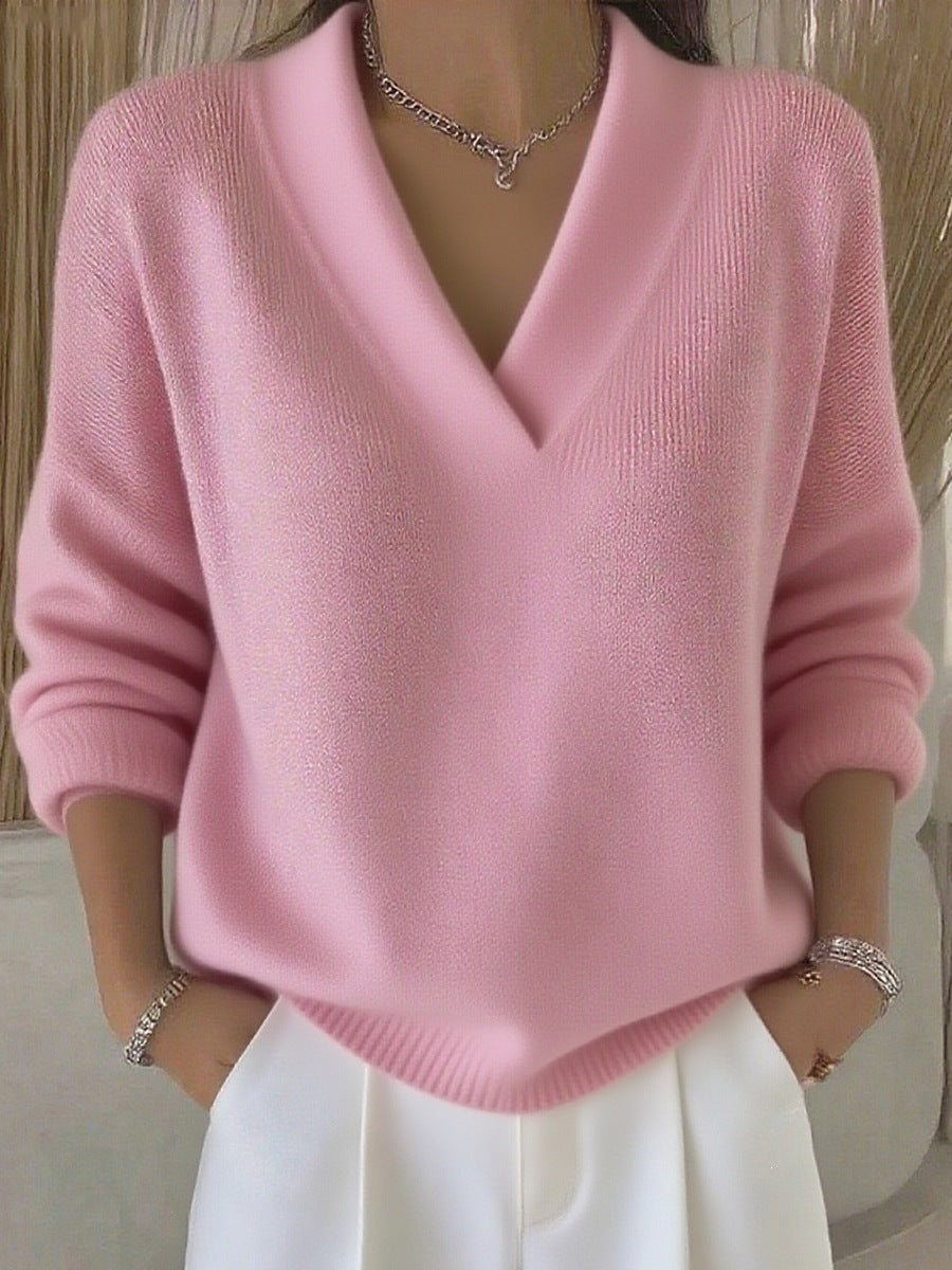 Women V-Neck Long Sleeve Loose Solid Color Knitted Pullover Sweater teemdrop