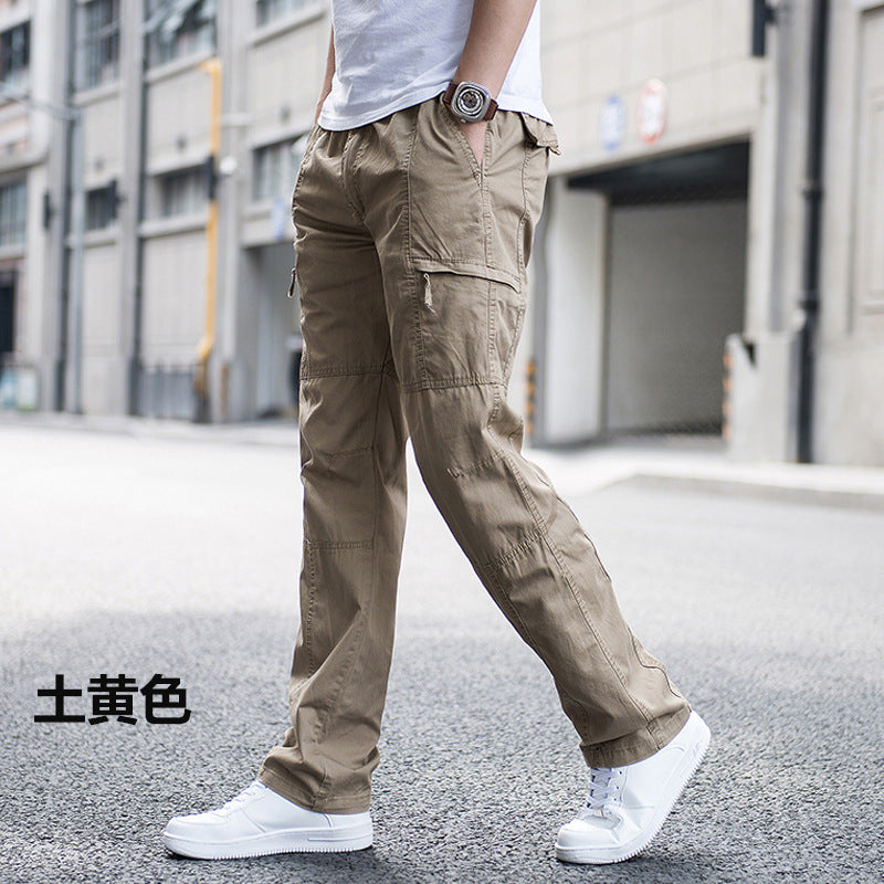 Men Pure Cotton Loose Fit Multi-Pocket Cargo Pants Breathable Straight Leg Casual Trousers teemdrop