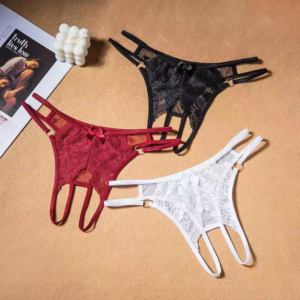 Lace Open-Crotch Thong with Metal Rings