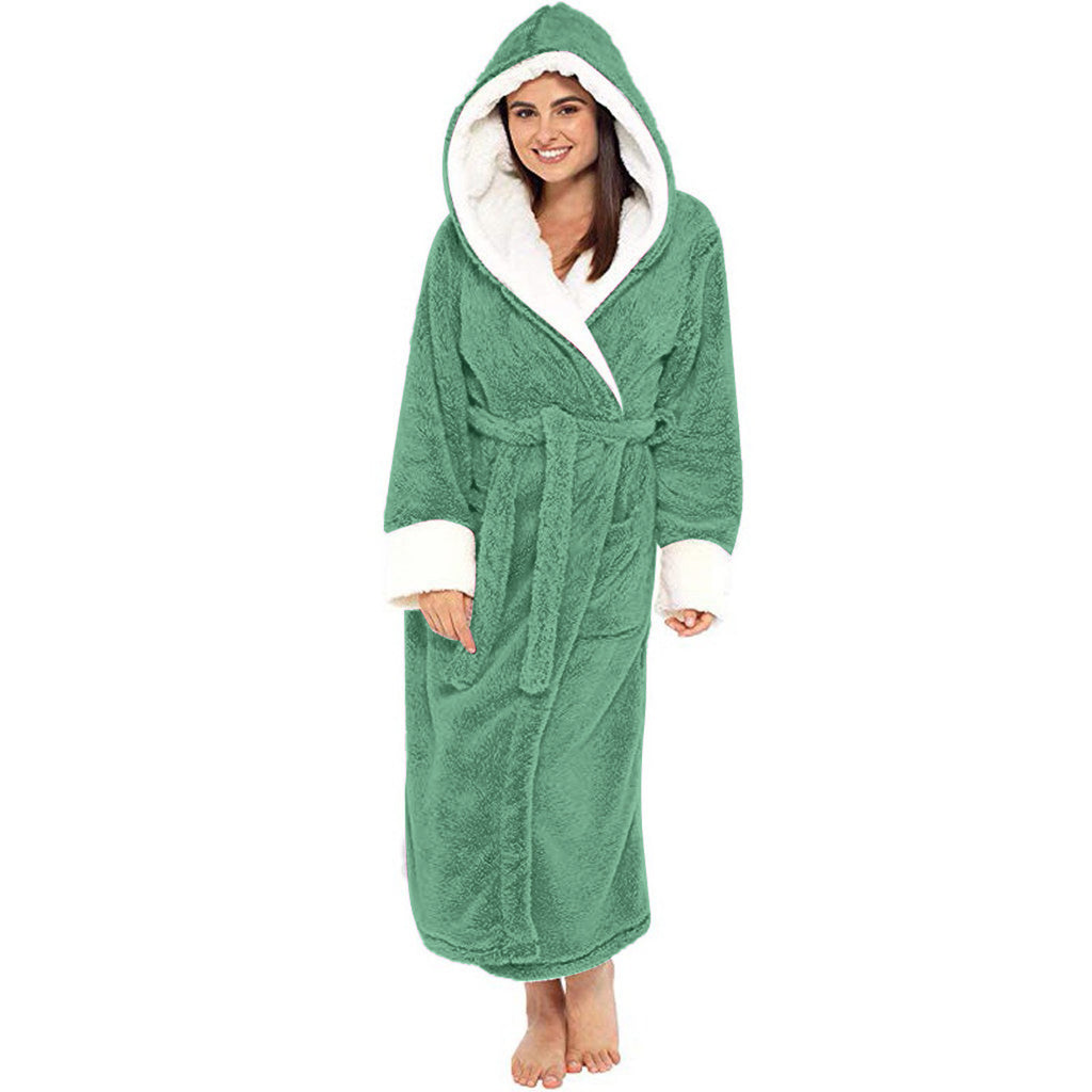 Women Long Plush Bathrobe with Belt Home Loungewear Winter Warm Nightgown