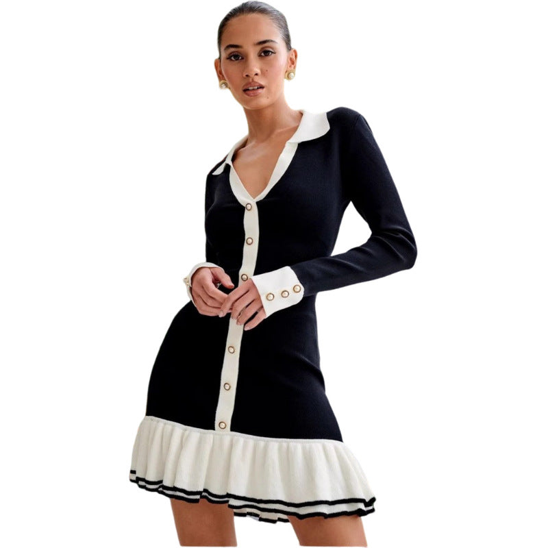 Women's Double Layer Ruffled Knitted Dress with Pearl Buttons and Lapel Collar High Waist Slim Fit Long Sleeve teemdrop