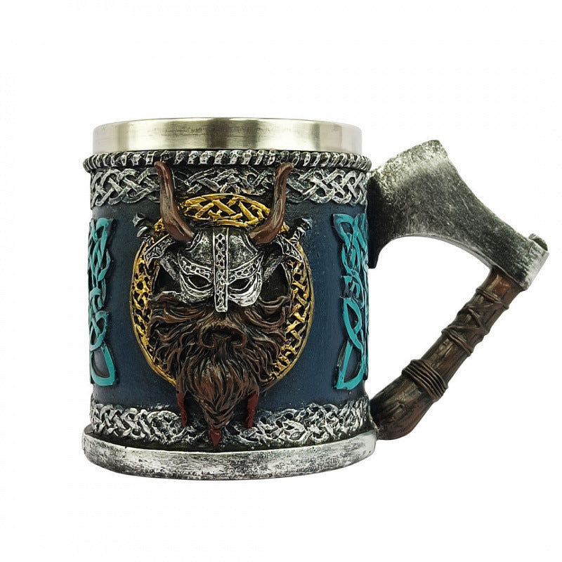 Viking Horn Shaped Beer Mug with Axe Handle 450ml Stainless Steel Drinking Cup for Parties teemdrop