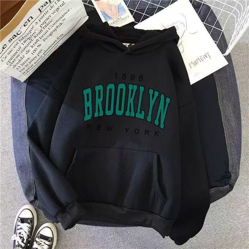 Women's Fleece Lined Hooded Sweatshirt Letter Print Long Sleeve Loose Fit Pullover