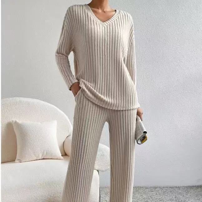 Home Casual Straight Pants Elegant Loose V-neck Pit Two-piece Set