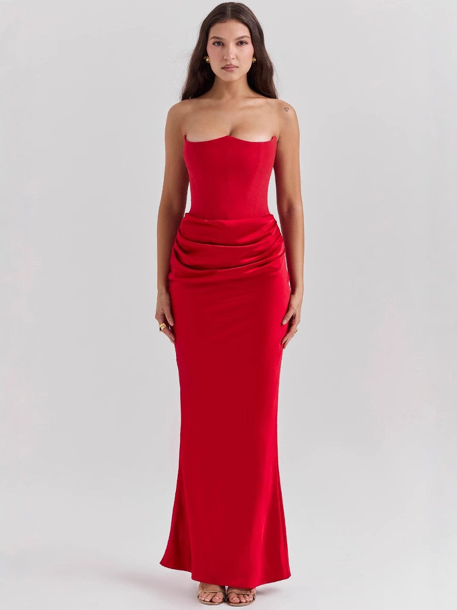 Women's Satin Off-Shoulder Pleated Long Bodycon Dress teemdrop