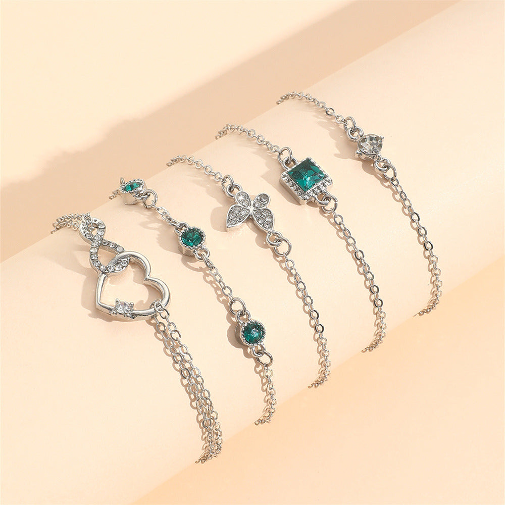 Vintage Style 5-Piece Set Green Diamond Butterfly Love Alloy Bracelet