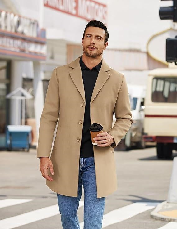 Men's Long Wool Coat Classic Loose Fit Lapel Overcoat teemdrop