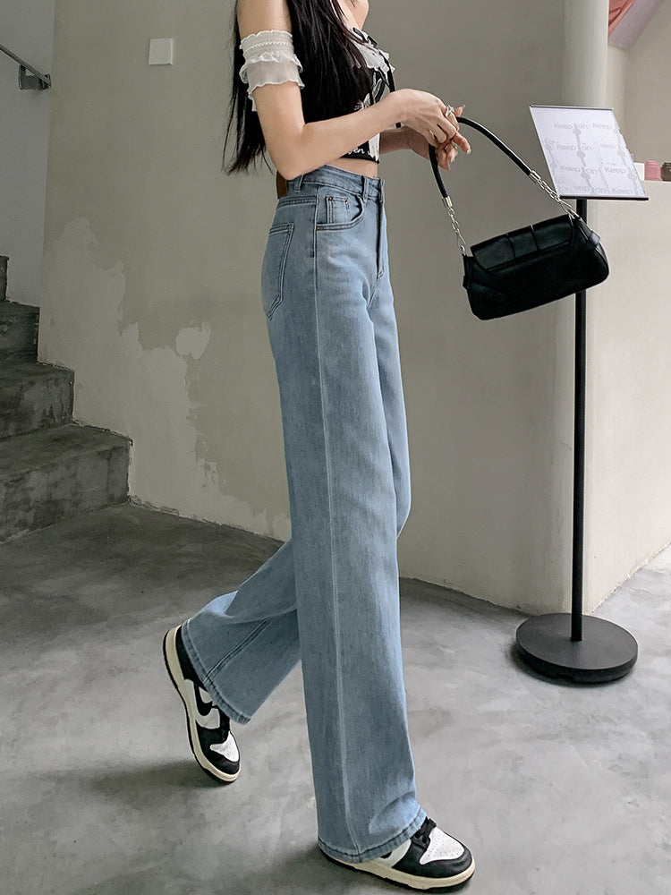 Lady's high-waisted straight-cut cotton denim pants