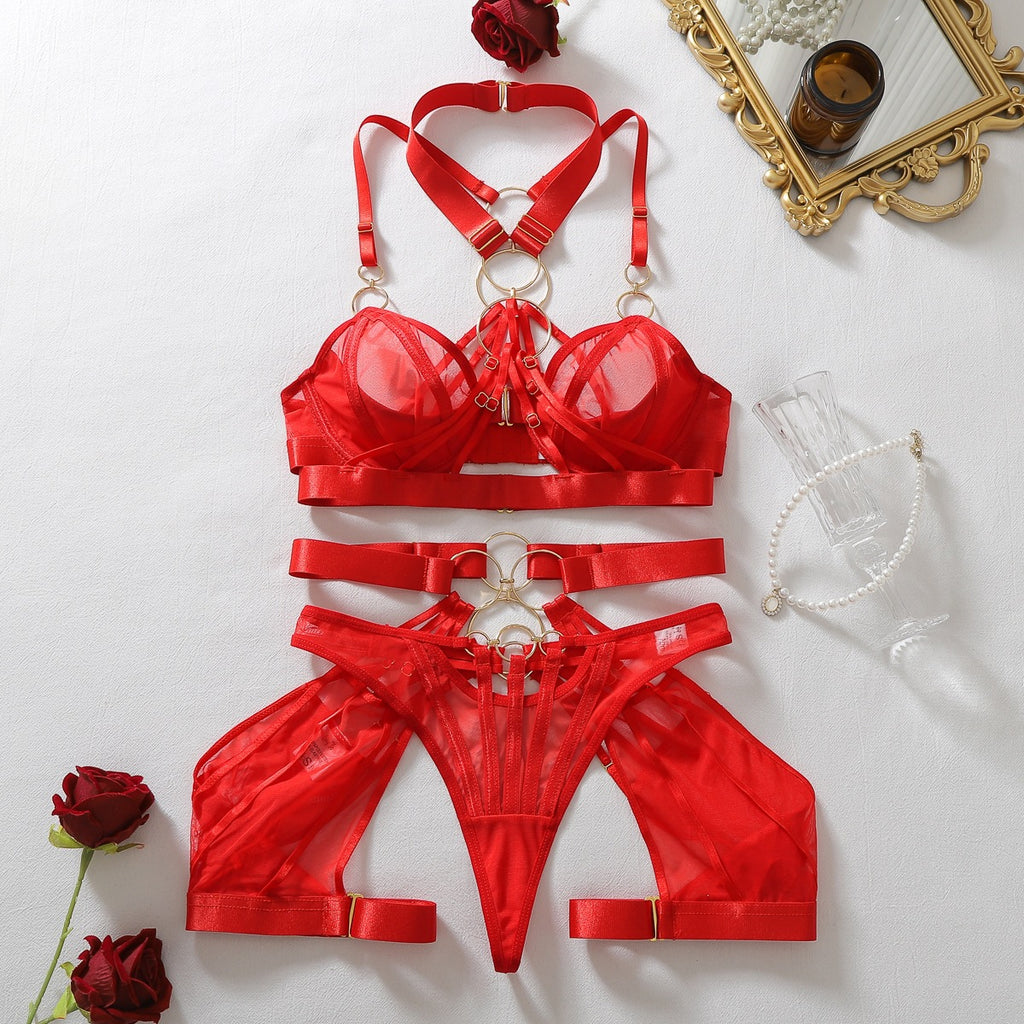Women's Complex Strappy Sheer Lingerie Body Shaping Four-Piece Set teemdrop